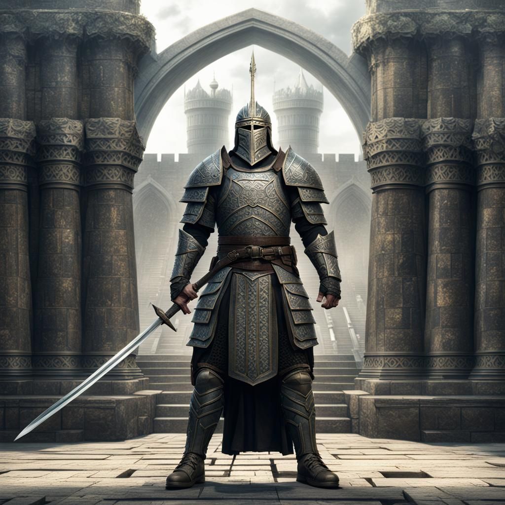 Armored Warrior Guarding a Portcullis
