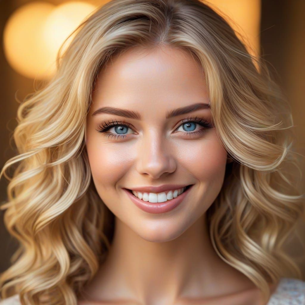 Glamour Portrait of Smiling Blonde Model with Wavy Hair