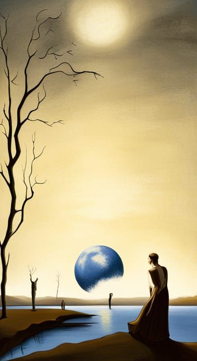 Beautiful nighttime landscape painting with moonlight in oil paint by Salvador dali