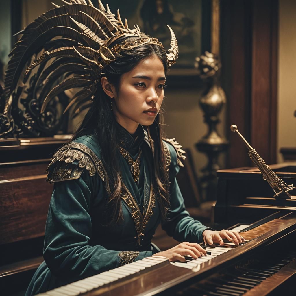 Dramatic Film Still of Woman Playing Piano