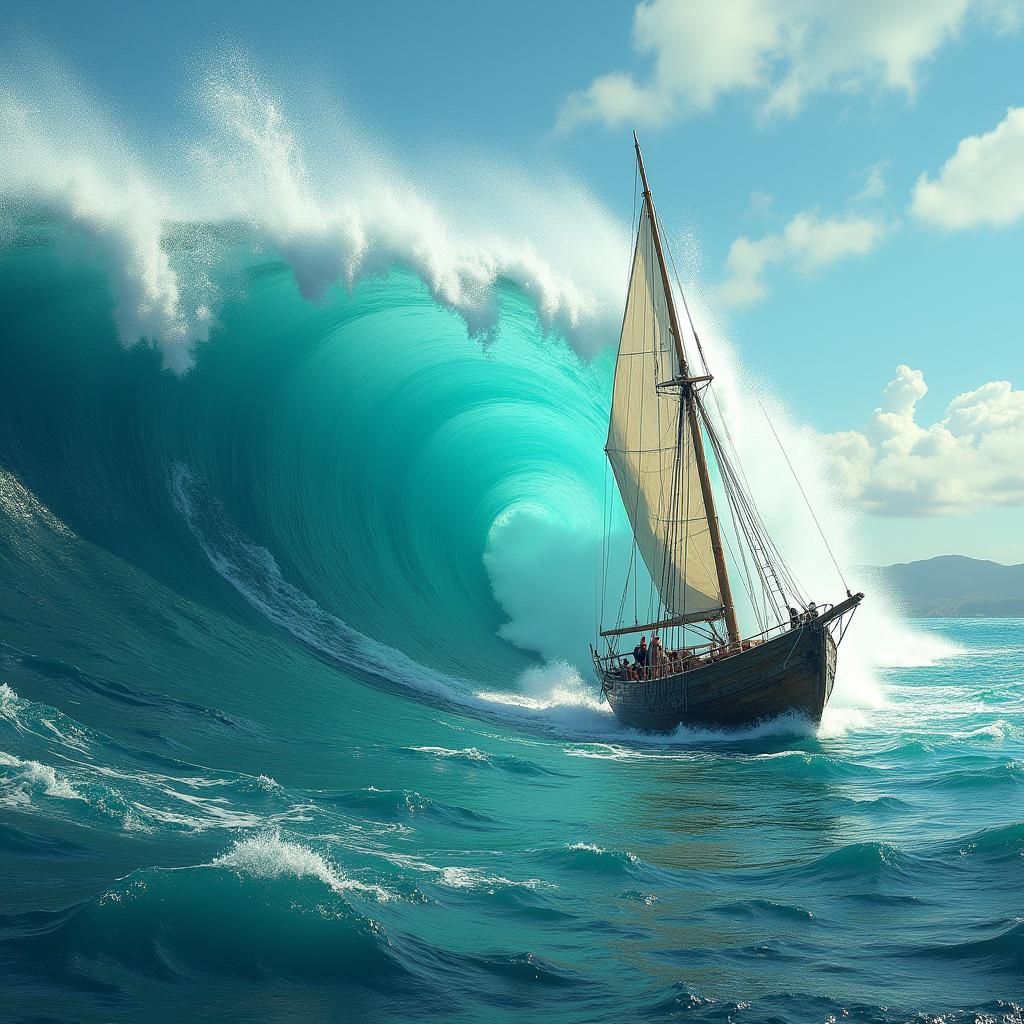 Sailboat in Turquoise Wave: Fantasy Concept Art