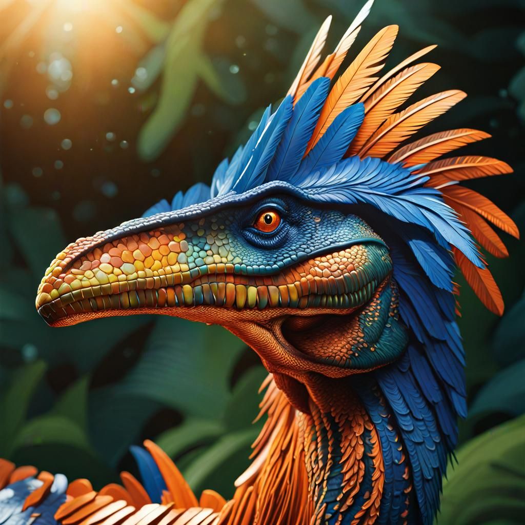 Iridescent Velociraptor Portrait in Digital Art Style