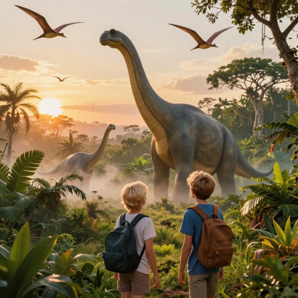 Teenagers Explore Jurassic Jungle at Golden Hour Sunset
