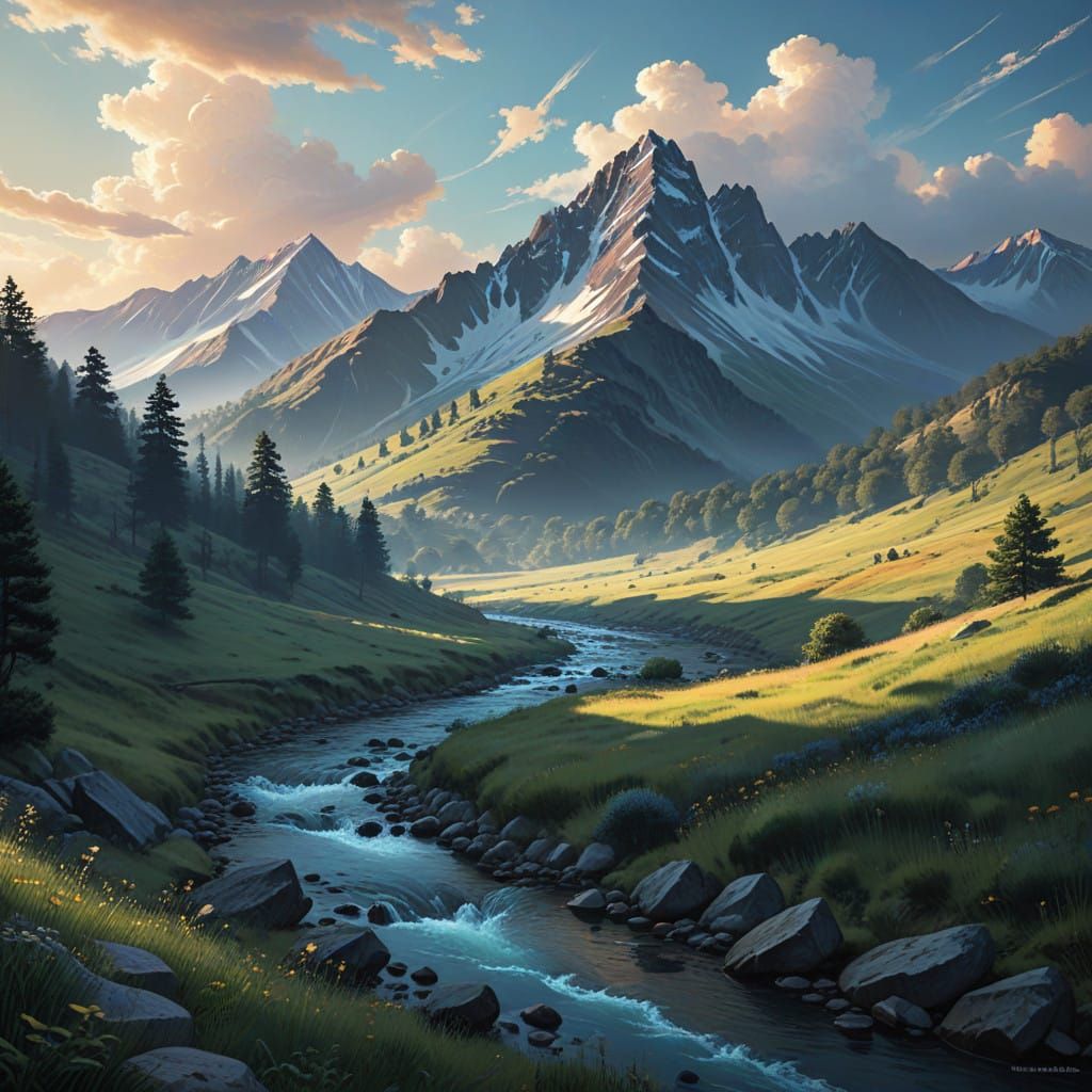 Epic Manga-Style Landscape with Majestic Hills and Mountains