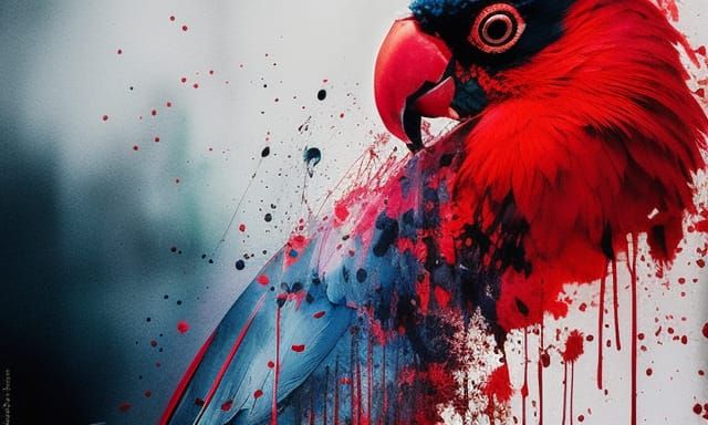 Colorful Red Parrot Ink Splash Portrait