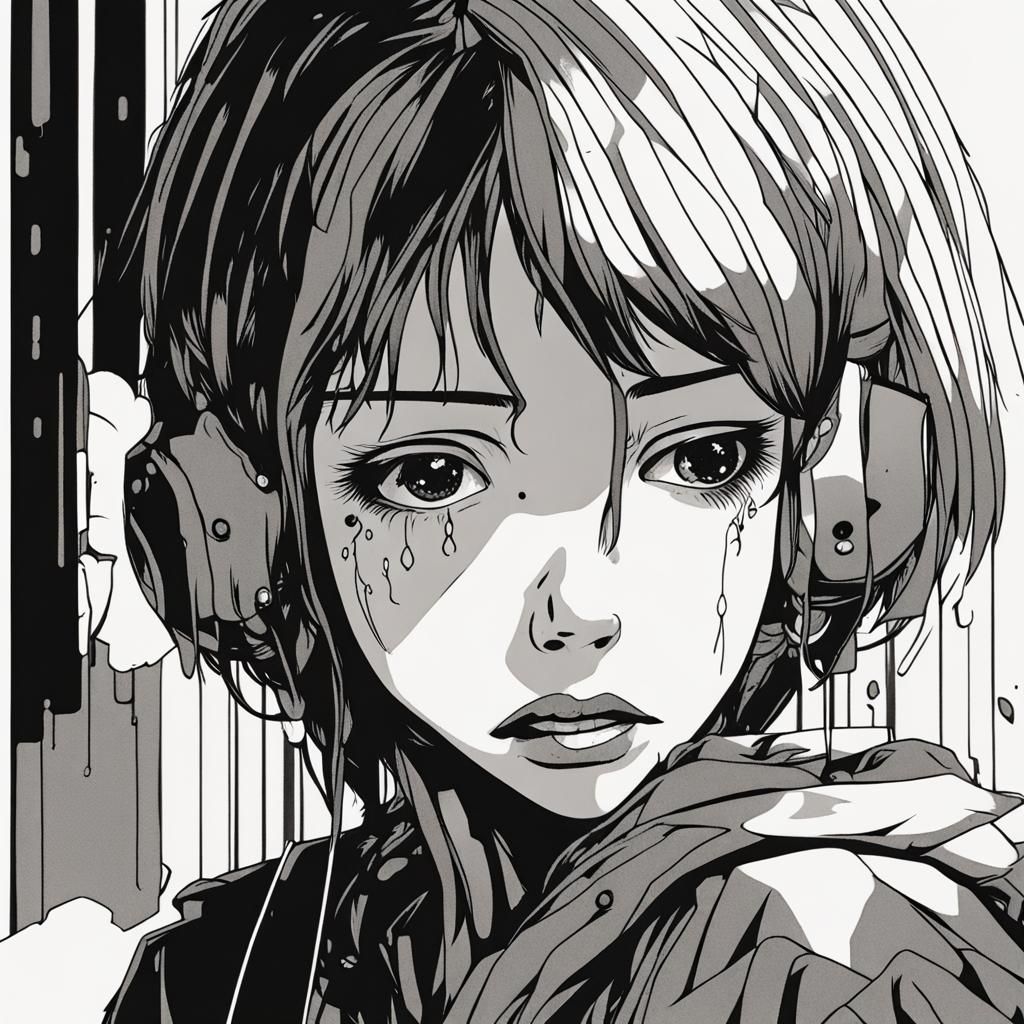 Cyborg Girl Crying: 90s Anime Horror Portrait