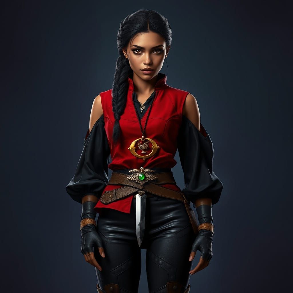 Elegant Cyberpunk Warrior Woman in Crimson Attire