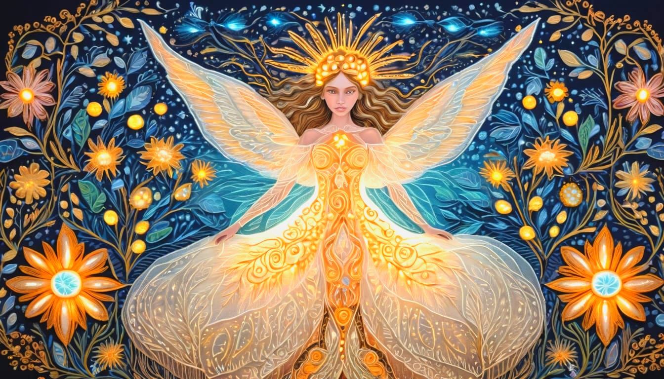 Luminous Embroidered Fantasy Scene, Ornate and Ethereal