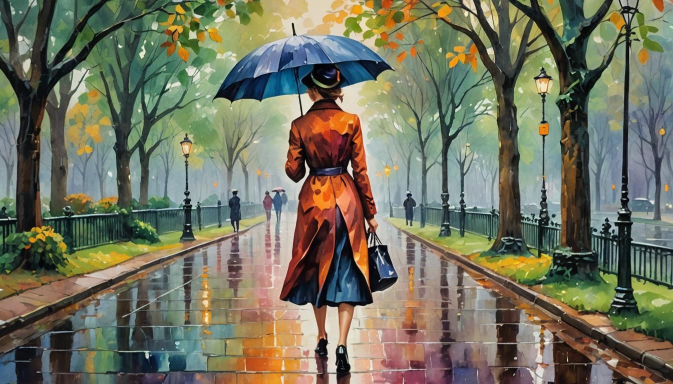 Neo-Impressionist Woman in Rainy Park Painting