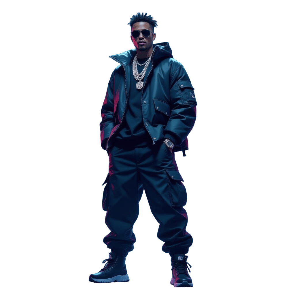 Rapper Pose with Melodic Soundwaves in Vibrant Style