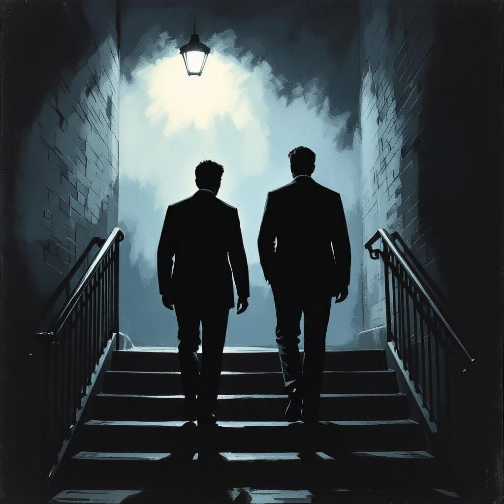 Midnight Walk Down Stairs in Neo-Noir Style