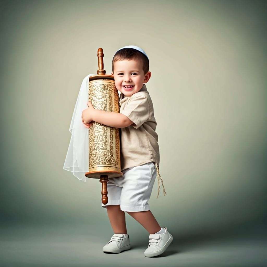 Happy Haredi Boy Hugging Torah Scroll