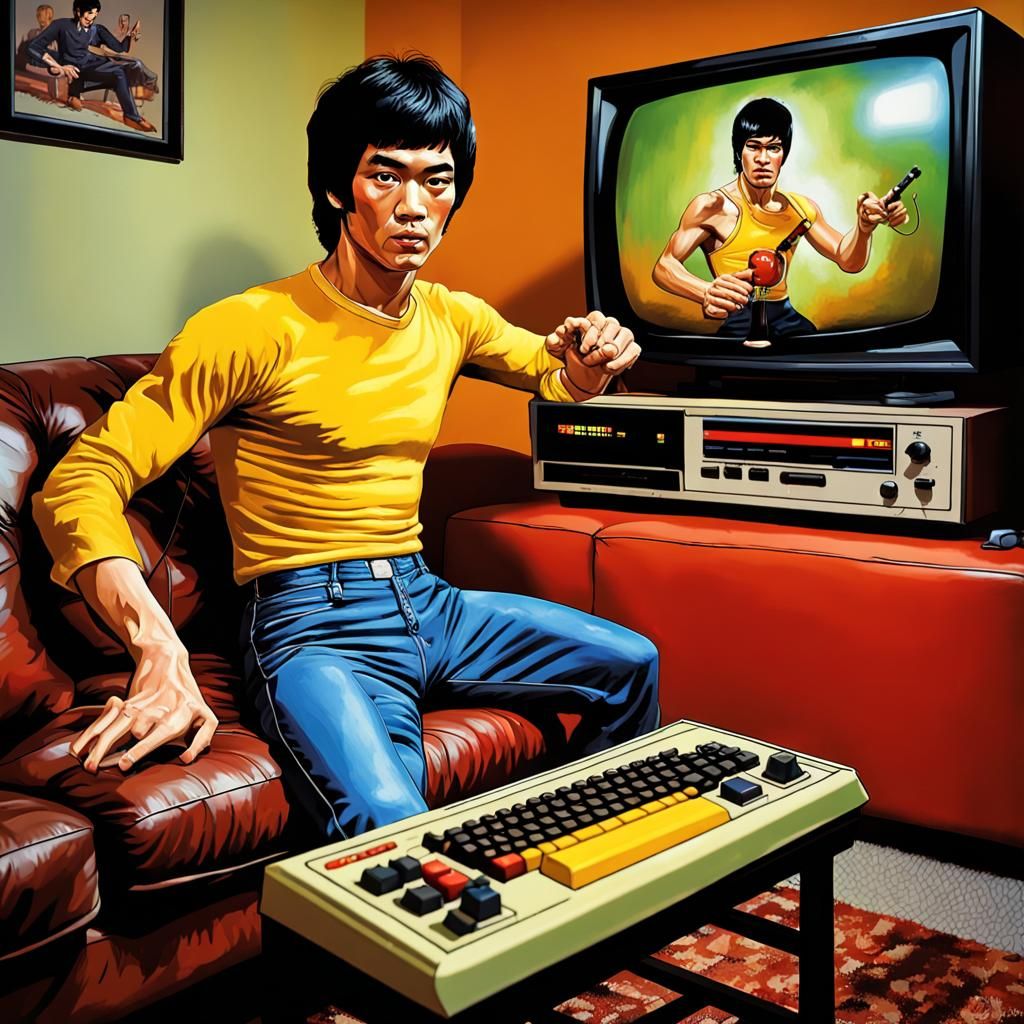 Bruce Lee Plays Commodore 64: Hyperrealistic 4K Image