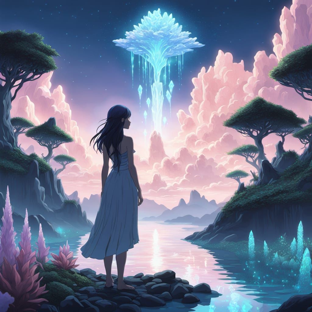 Woman on Bioluminescent Island Under Nebula Sky