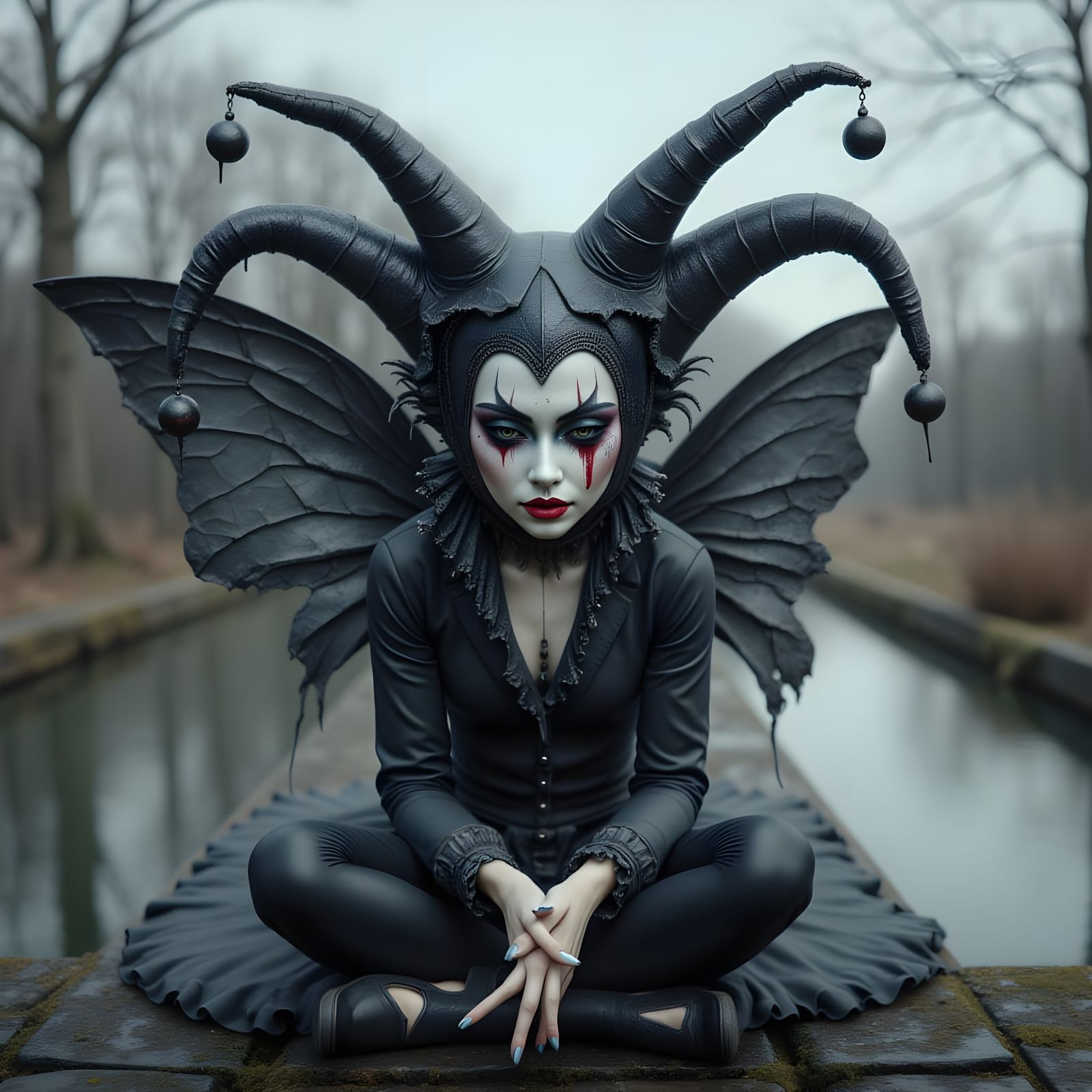 Jester Ballerina with Cracked Mask on Bridge