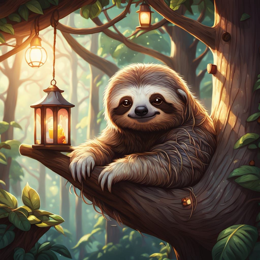 Cozy Sloth Drinks Tea in Whimsical Treehouse Illustration