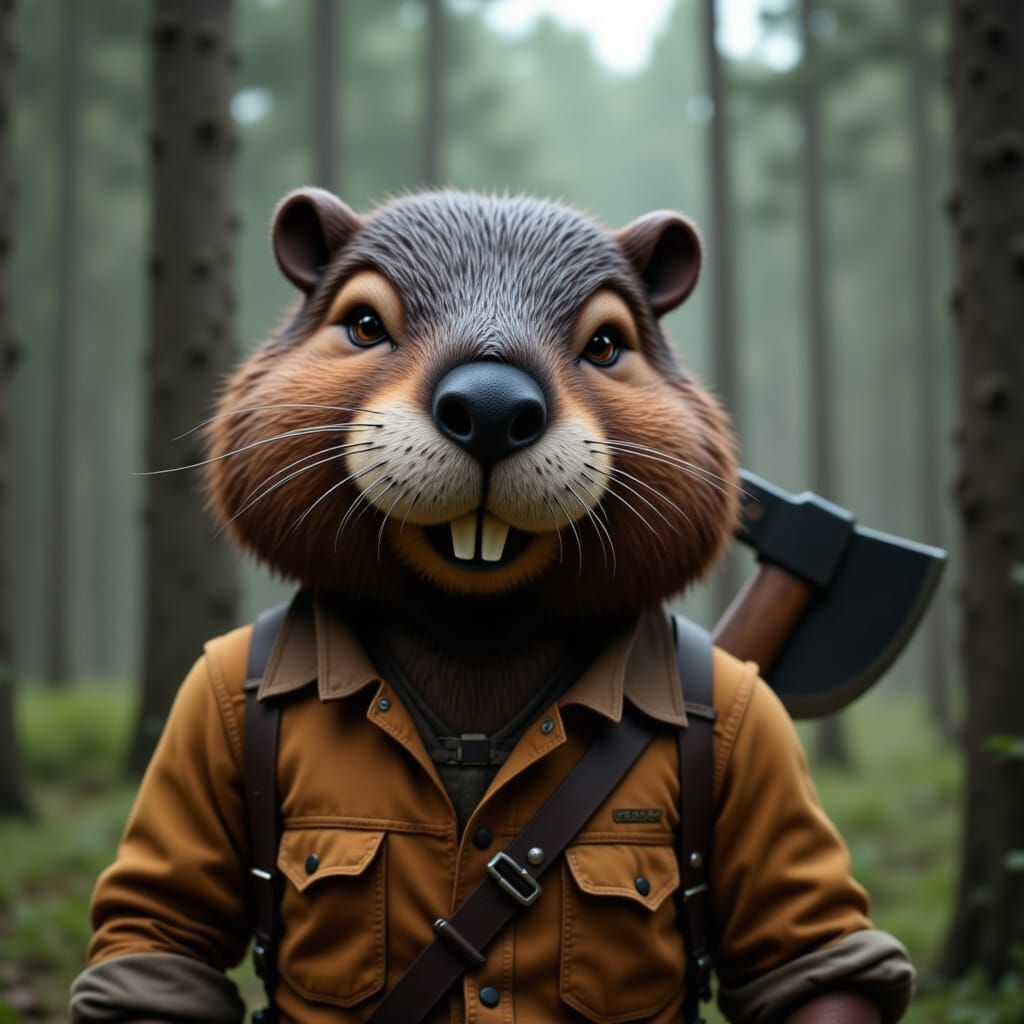 Lumberjack Theriocephalic Man with Beaver Head and Buck Teet...