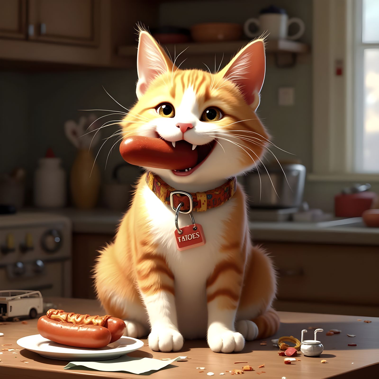 Photorealistic Cat Enjoying Hot Dog Snack