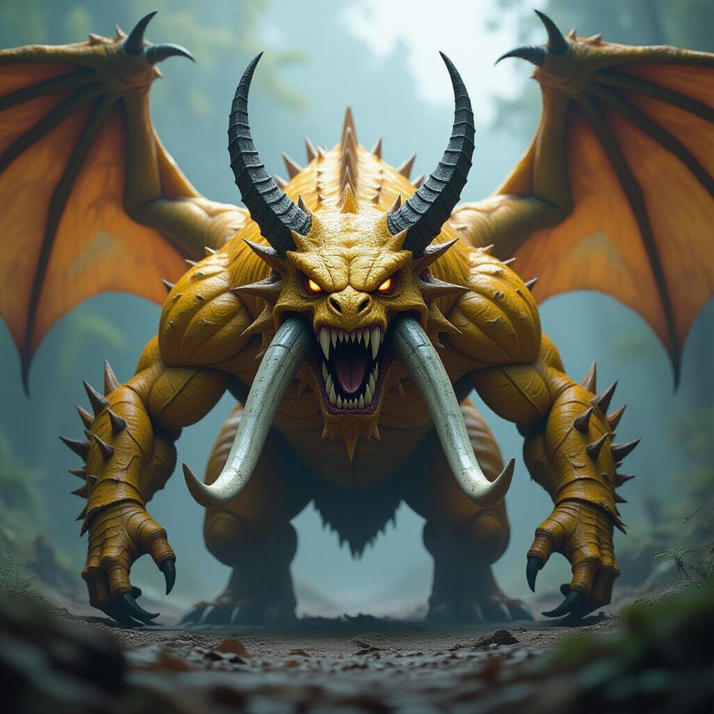 Dramatic Yellow Scaled Creature with Tusks and Spikes
