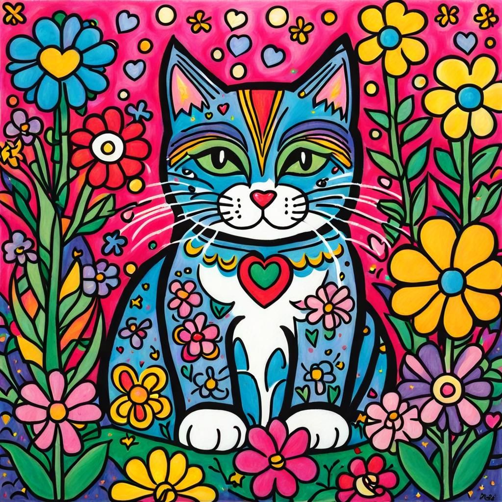 Playful Cat Surrounded by Flowers in Pop Art Style