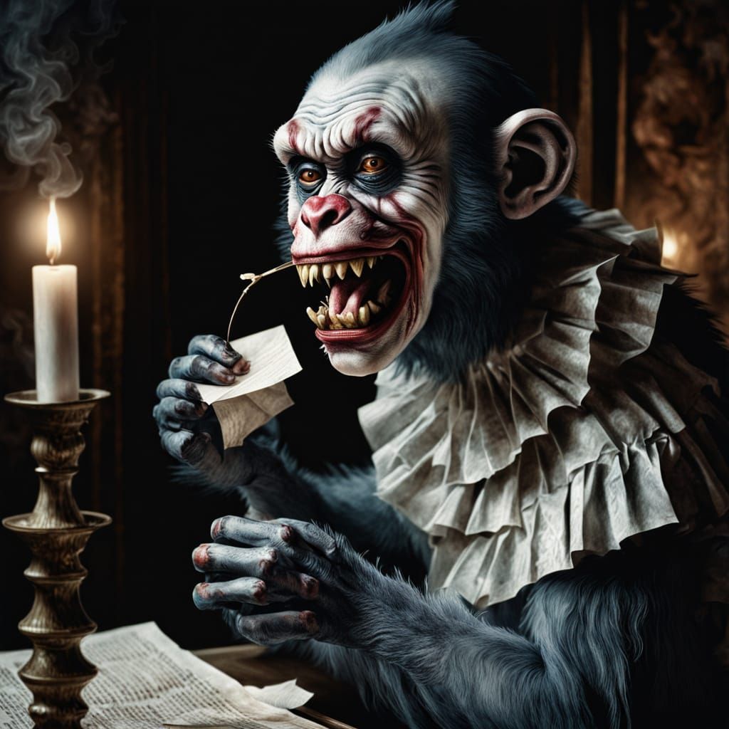 Sinister Monkey Clown Devouring Paper in 19th Century Style