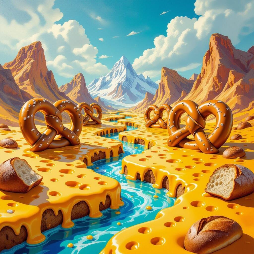 Psychedelic Cheese River Landscape with Pretzel Guardians