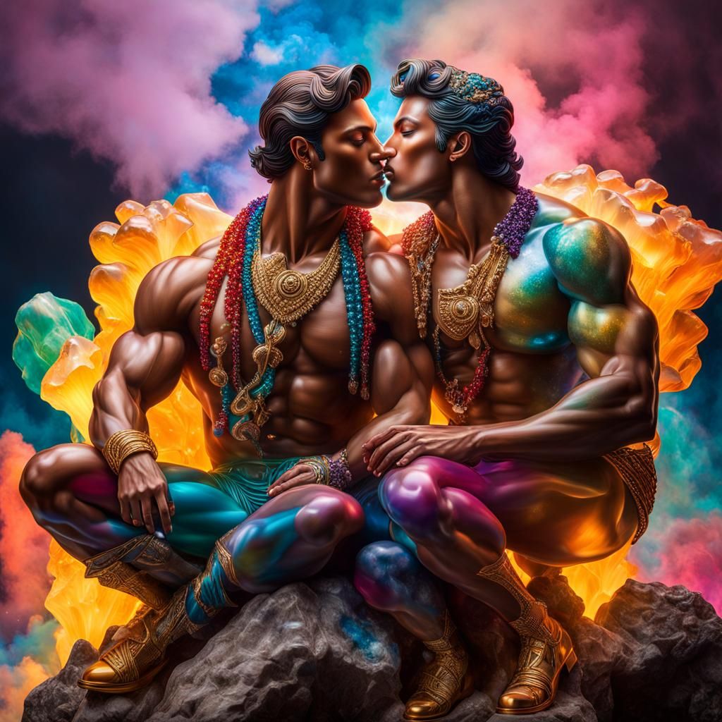 Hyperreal Kissing Smoke Men on Crystal Rock