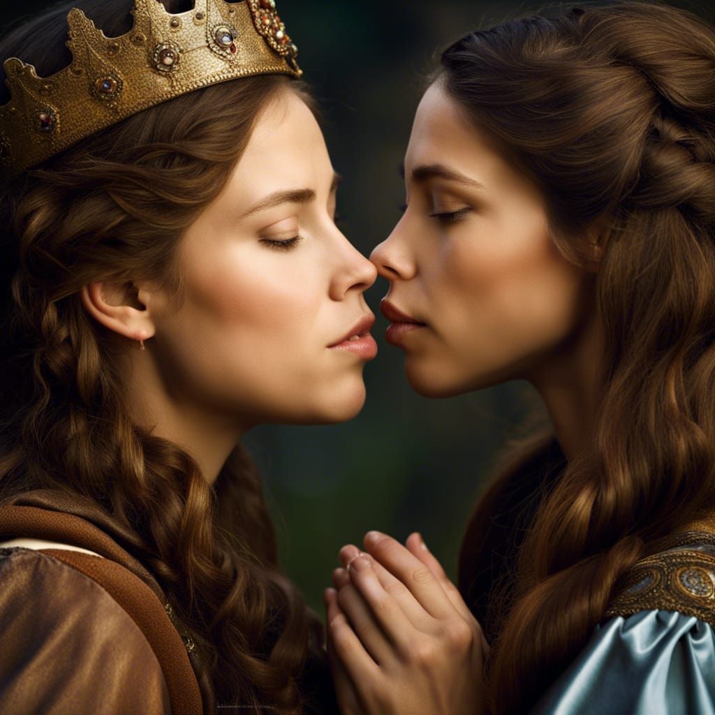 Medieval Fantasy Princesses Kiss in Professional Portrait