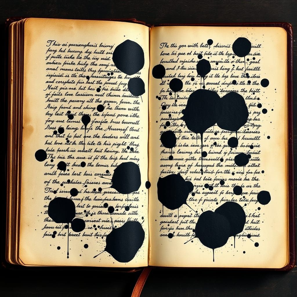 vintage black ink splatter stains from cat in faded stained beautiful medieval monastery book pages
