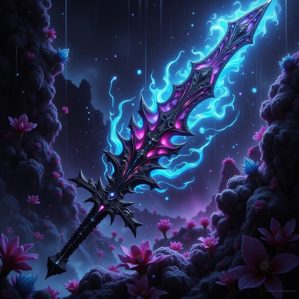 Ethereal Black Elemental Void Sword in a Cosmic, Biomechanic...