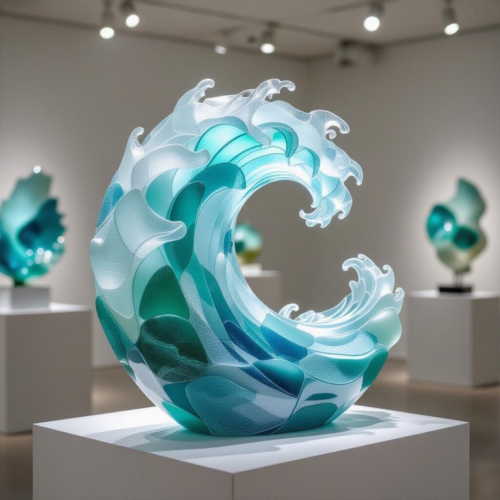 Abstract Sea Glass Wave Sculpture in Modern Gallery