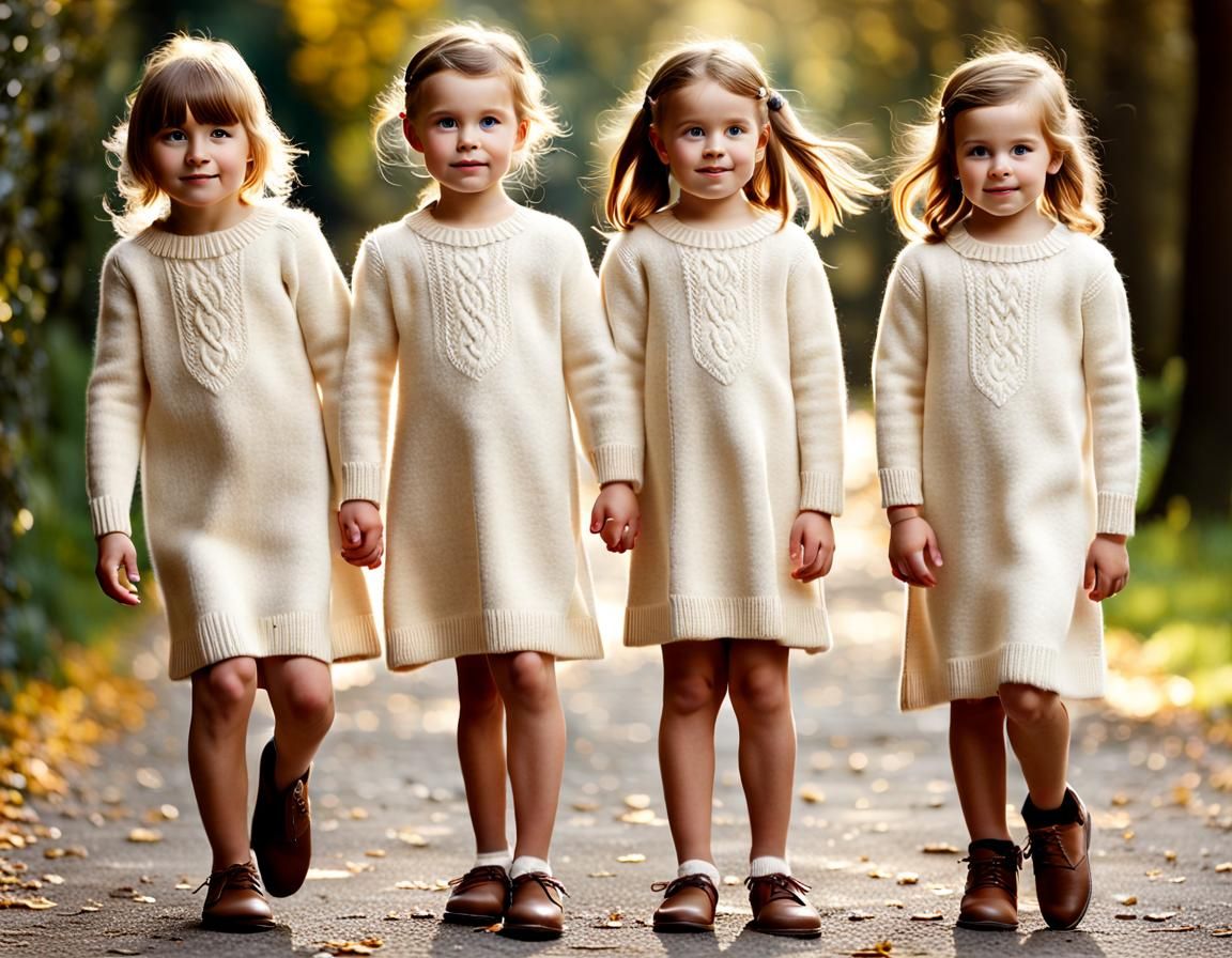 Three British Girls in Cream Cashmere Dresses