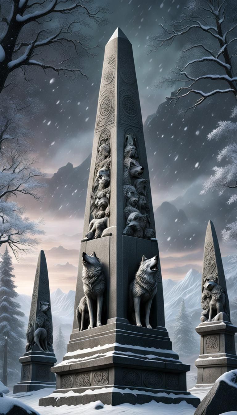 Majestic Wolf Carved Obelisk in Twilight Snow