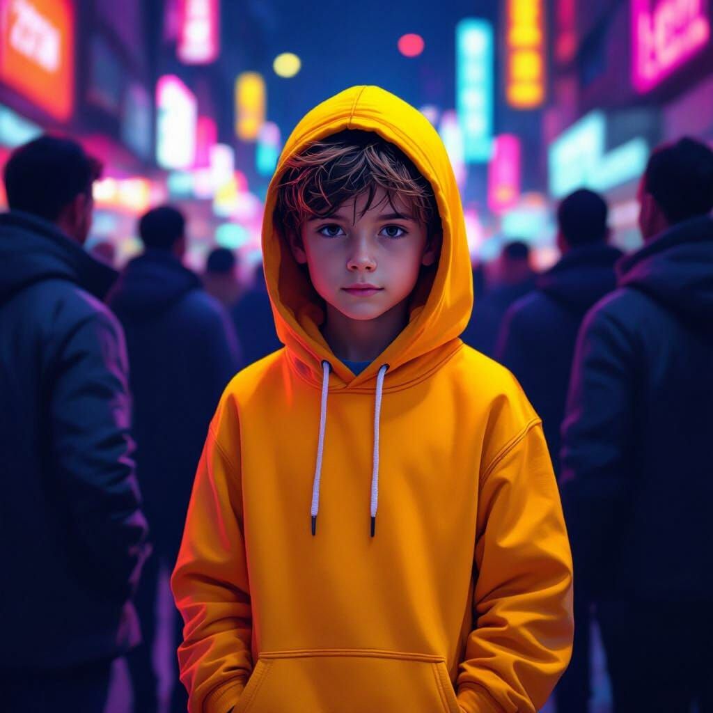 Lonely Boy in Neon Crowd, Digital Painting Style