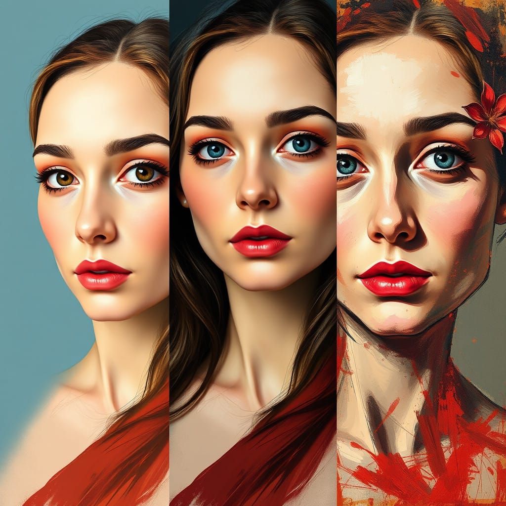 Woman's Face in Three Distinct Artistic Styles