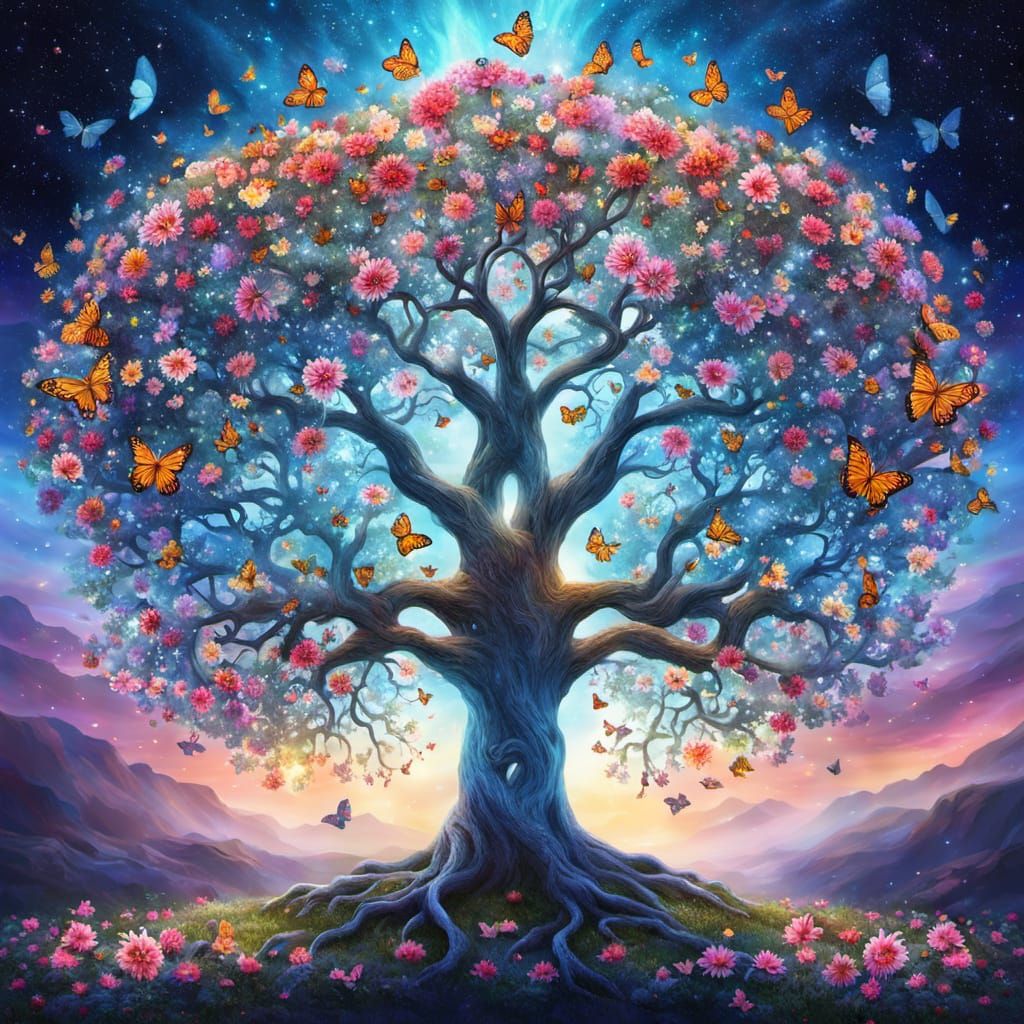 Tree of Life with Cosmic Butterflies in Dreamlike Style