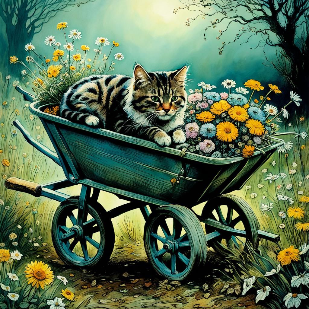 Cute Cat Sleeps in Flower-Filled Wheelbarrow