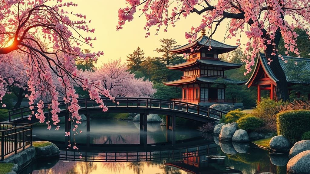 Japanese Garden at Golden Hour in Ukiyo-e Style