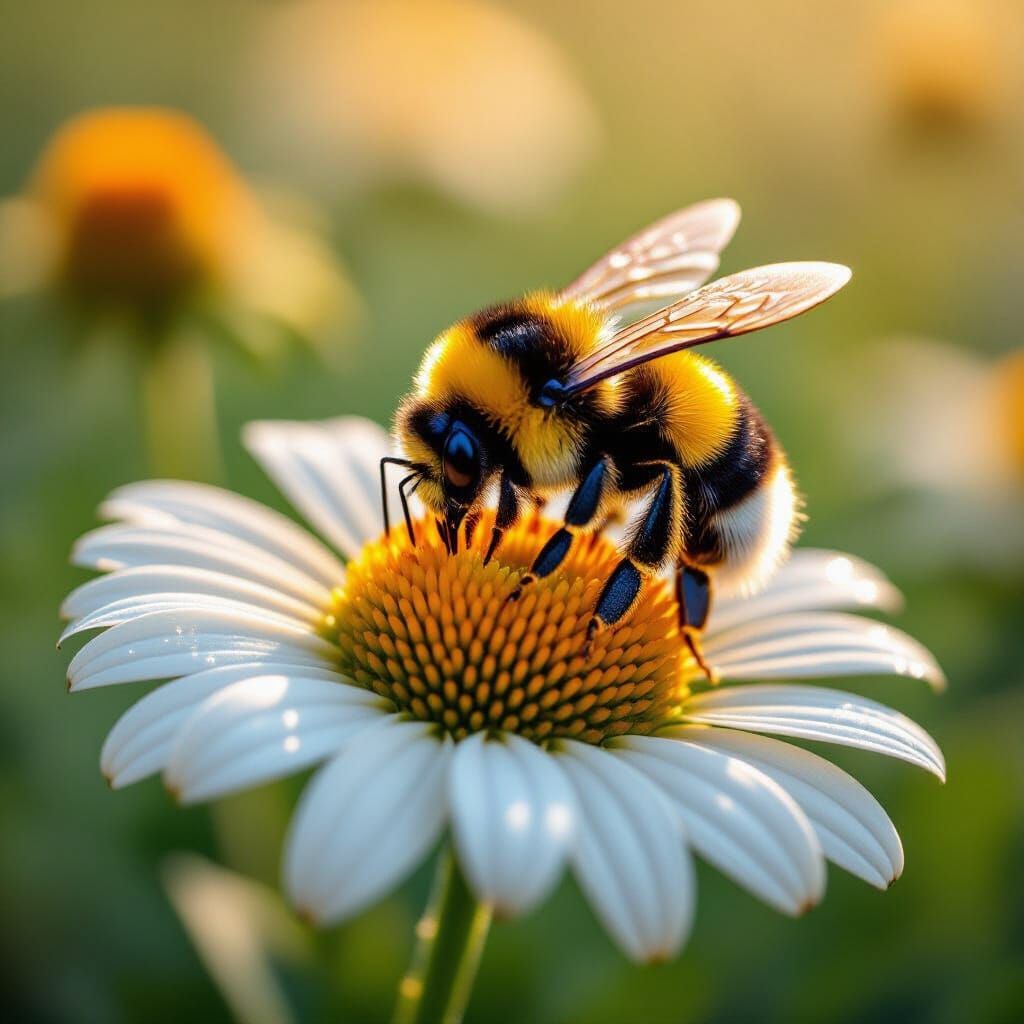 Macro Bumblebee on Daisy in Golden Hour Light