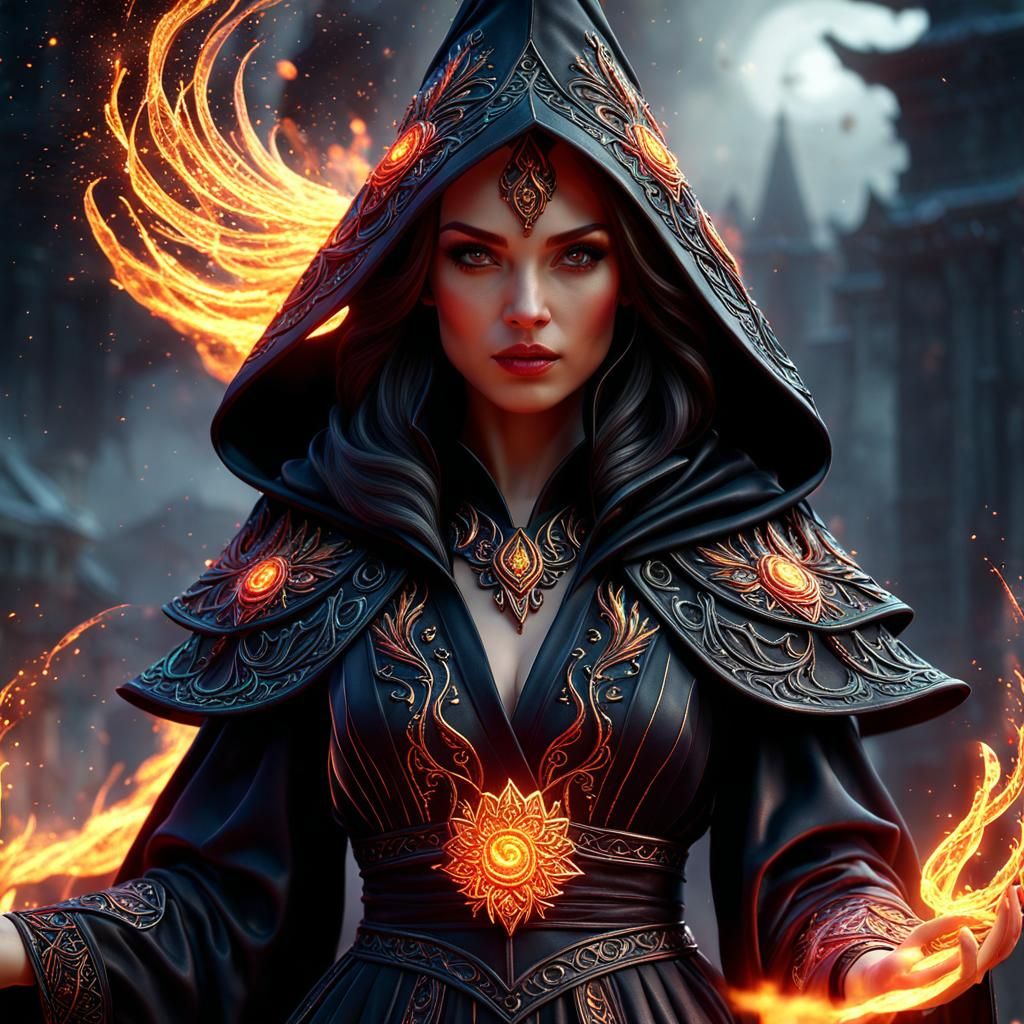 Enchanting Dark Witch with Fire, Trending on ArtStation
