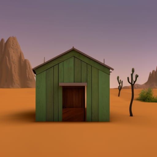 tinny house of wood with a small porch in the desert with an...