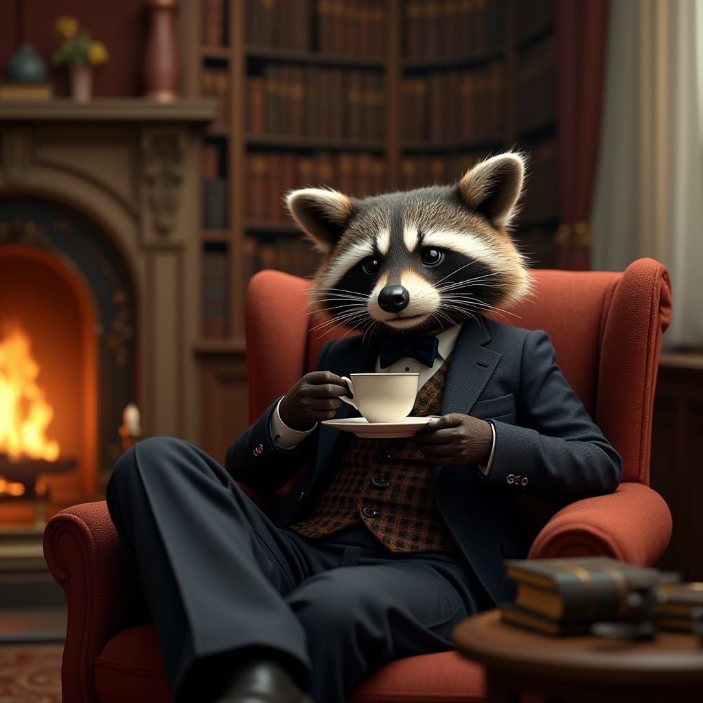Debonair Raccoon Sipping Tea in Cozy Library