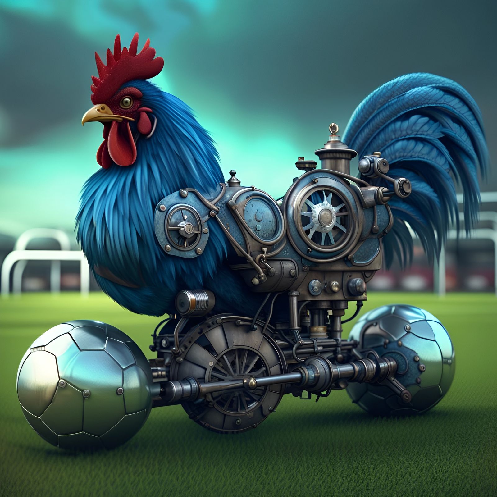Steampunk Rooster Train Hybrid on Soccer Field