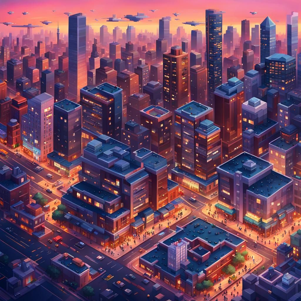 Vibrant Pixel Art Cityscape Panorama