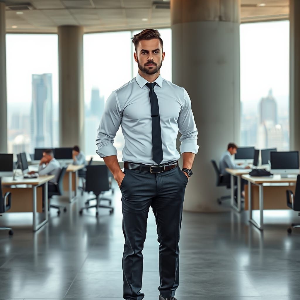 Confident Man in Brutalist Office, Photorealistic Image