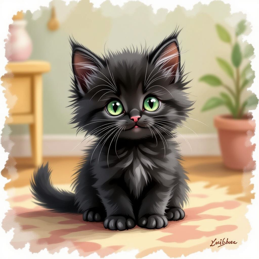Cute Black Kitten with Green Eyes in Storybook Style