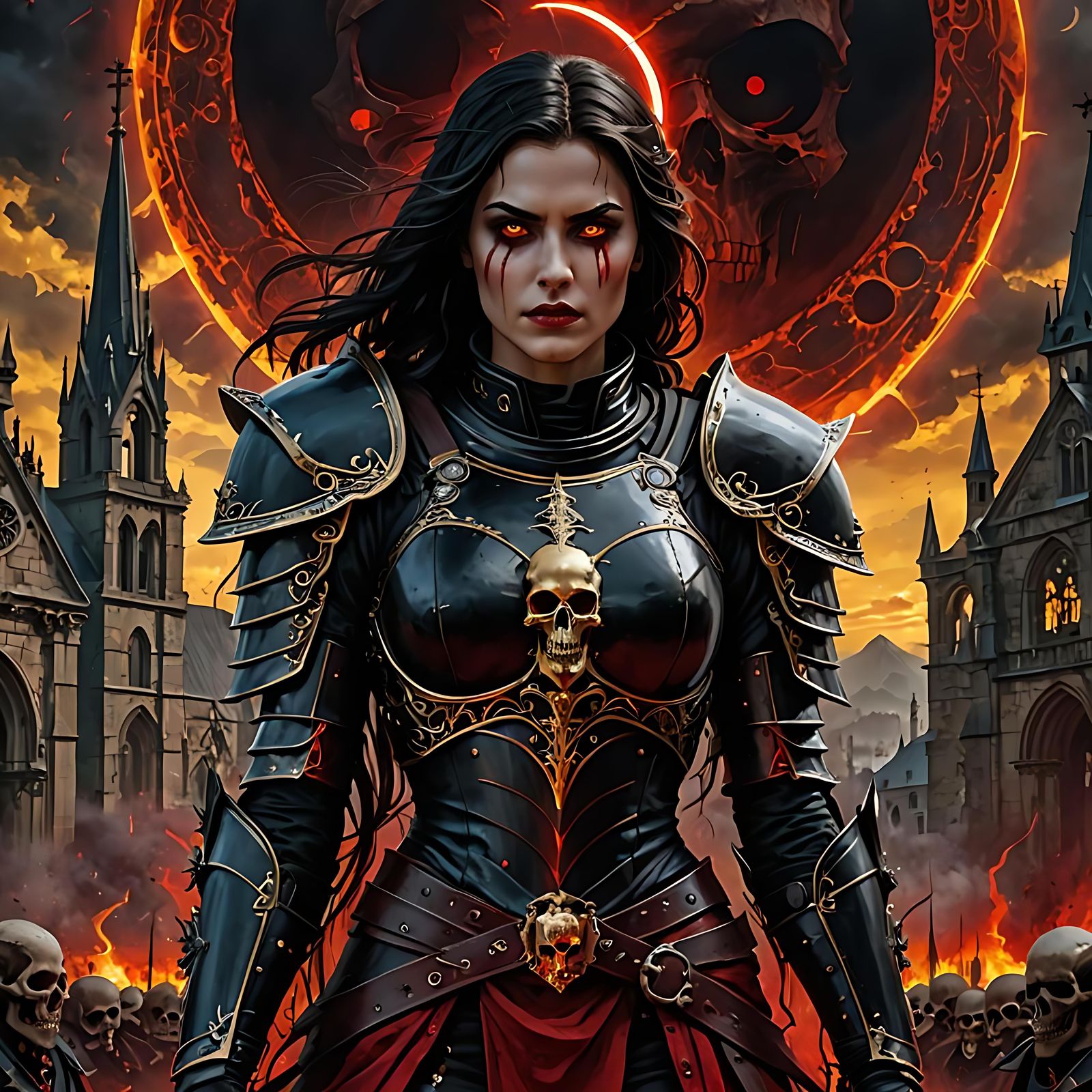 Armored Woman with Skull Before Evil Church