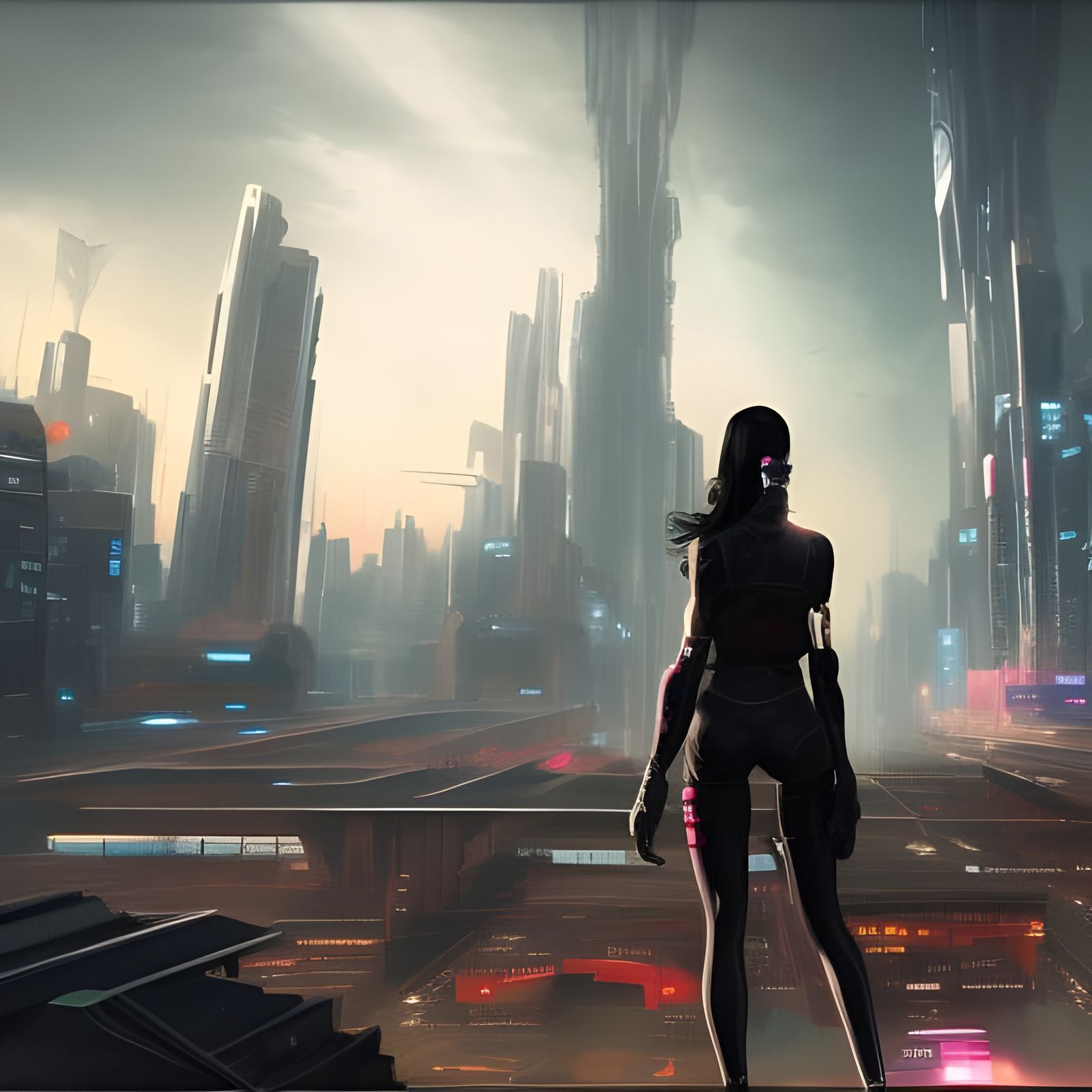 Cyberpunk Biker Girl Overlooking Future City