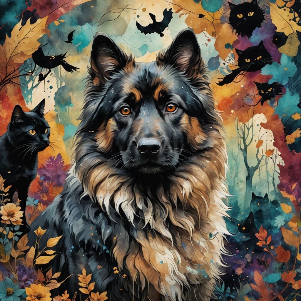 Tervuren Dog and Cat Portrait in Mixed Media