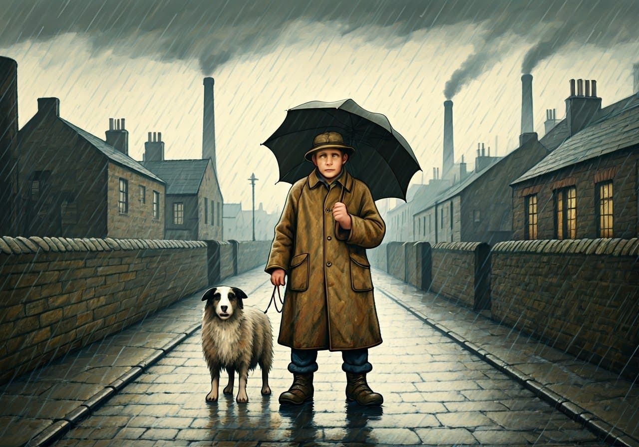 Rainy British Day with Sheepdog in Lowry Style